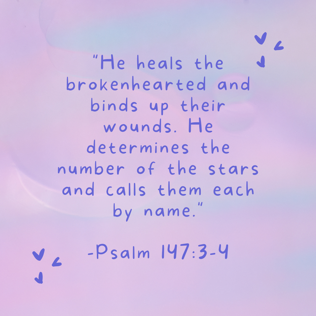 Purple text shares the Bible verse Psalm 147:3-4, NIV version. The background is a pinkish purple gradient and there are 6 purple hearts surrounding the text.