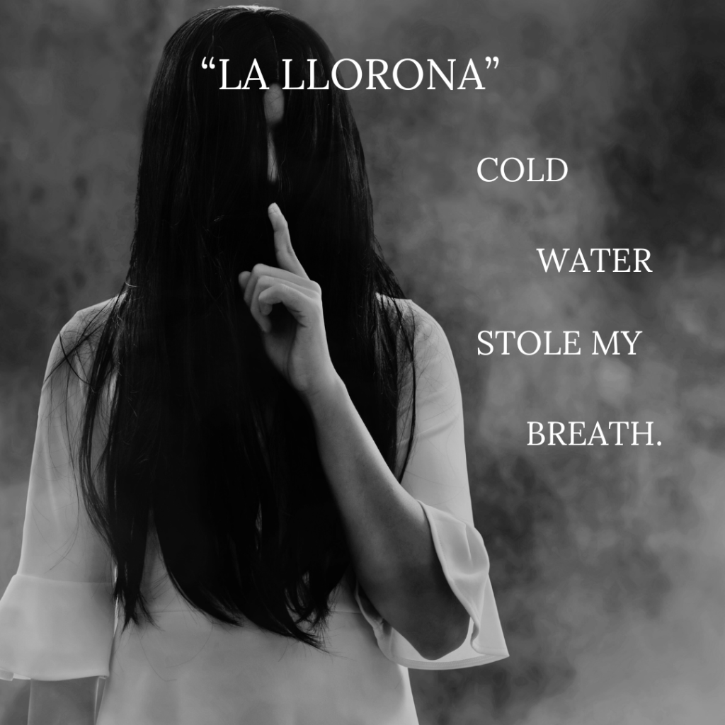 Girl with long black hair covering face, holds one finger to her mouth. White text overlays the image. 