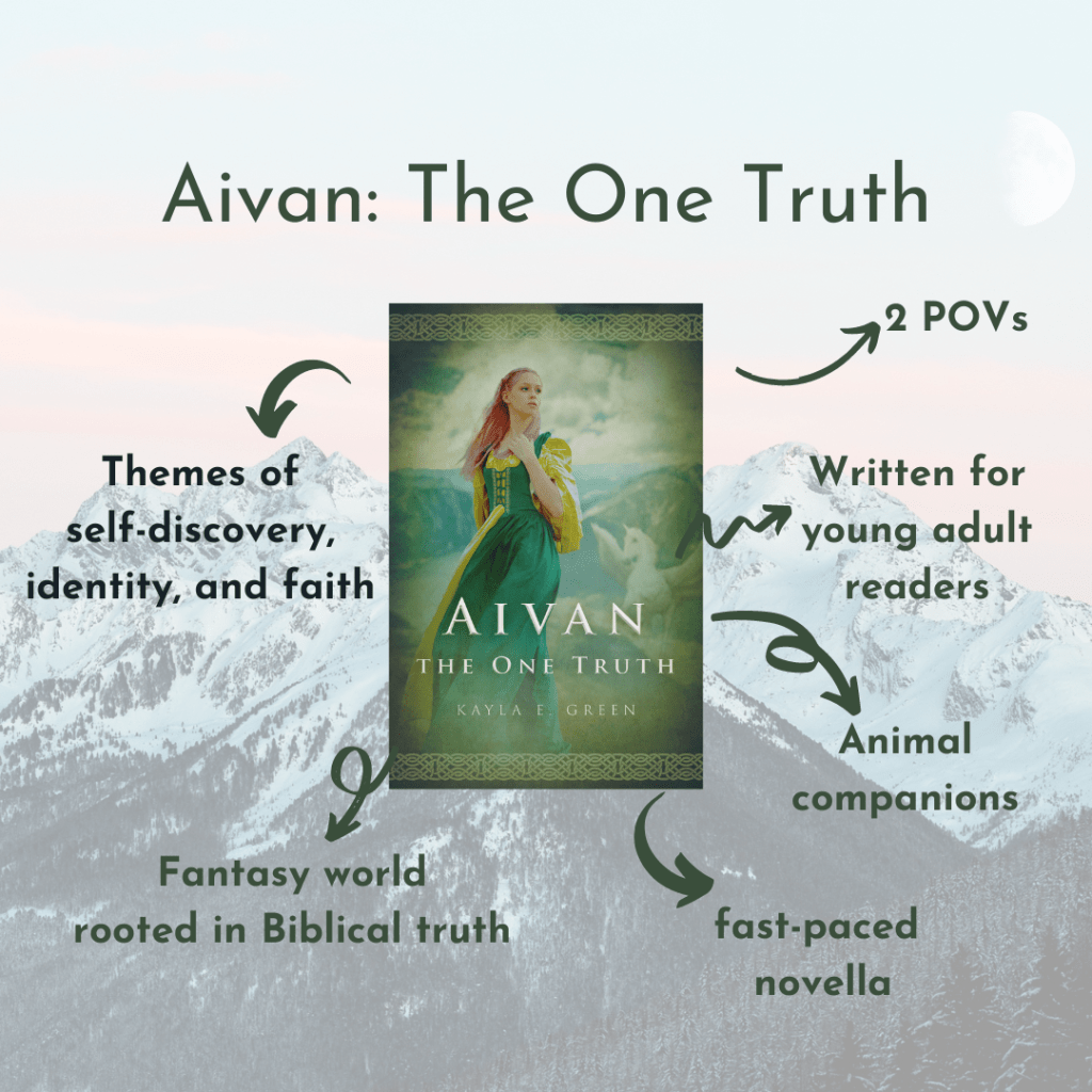 The cover of Aivan: The One Truth, with a girl in green, is bold against a faded mountain backdrop. Green arrows point from the cover to descriptions of what can be found in the story.