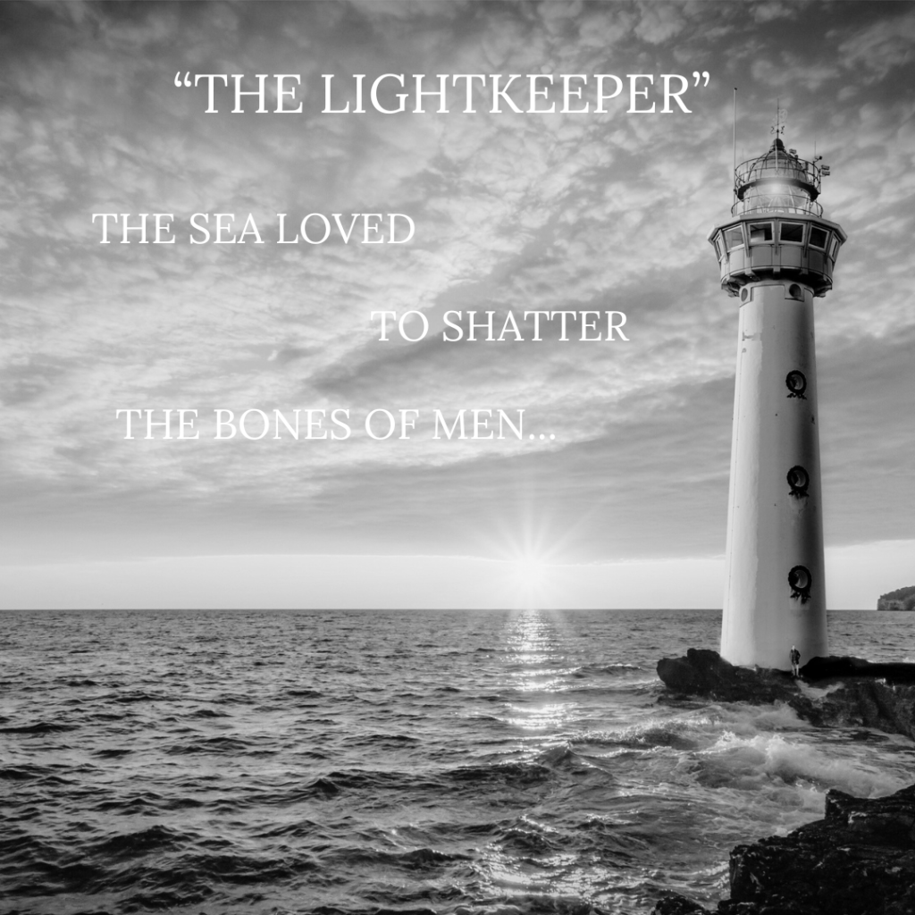 Black and white image of a lighthouse on the coast. White text is on top of the image. 