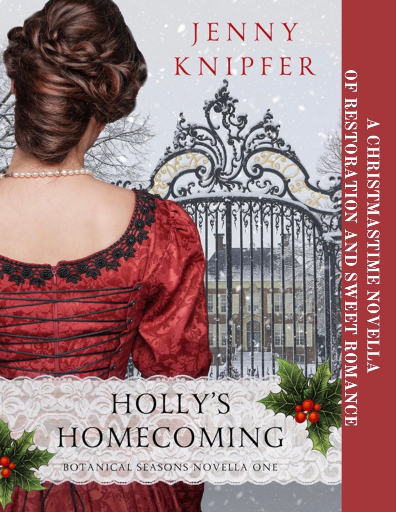 The cover of the novella Holly's Homecoming. A woman in a red dress looks at a house behind a closed gate.