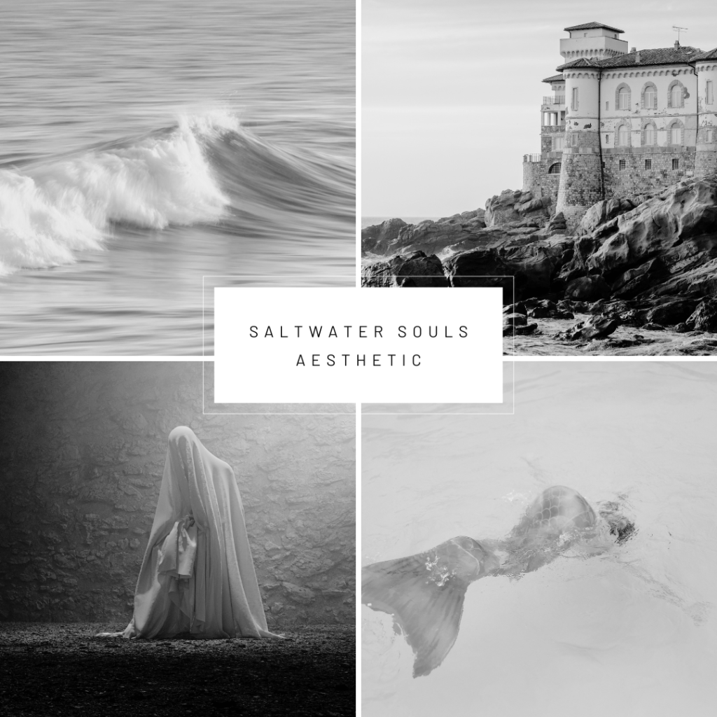 Black and white aesthetic board with four images. Over top is the text "Saltwater Souls Aesthetic."