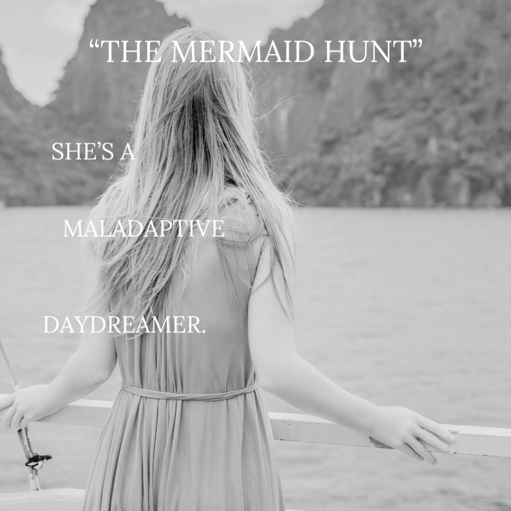 Young girl looks at water over boat railing. There is white text over the photo.