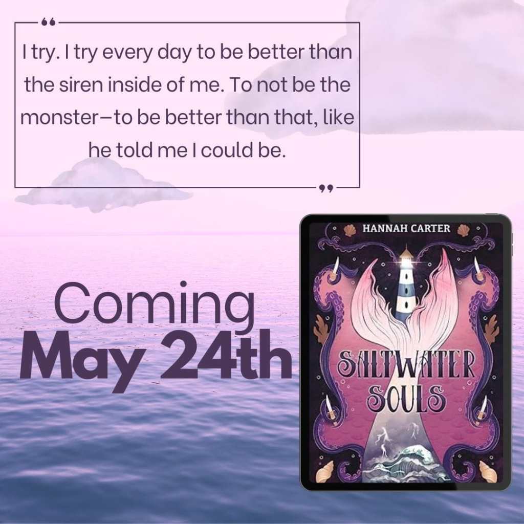 Pink and purple background with two clouds above water. Book cover of Saltwater Souls in forefront to the right of purple text. Above, in front of the clouds, a quote is boxed in purple lines. 