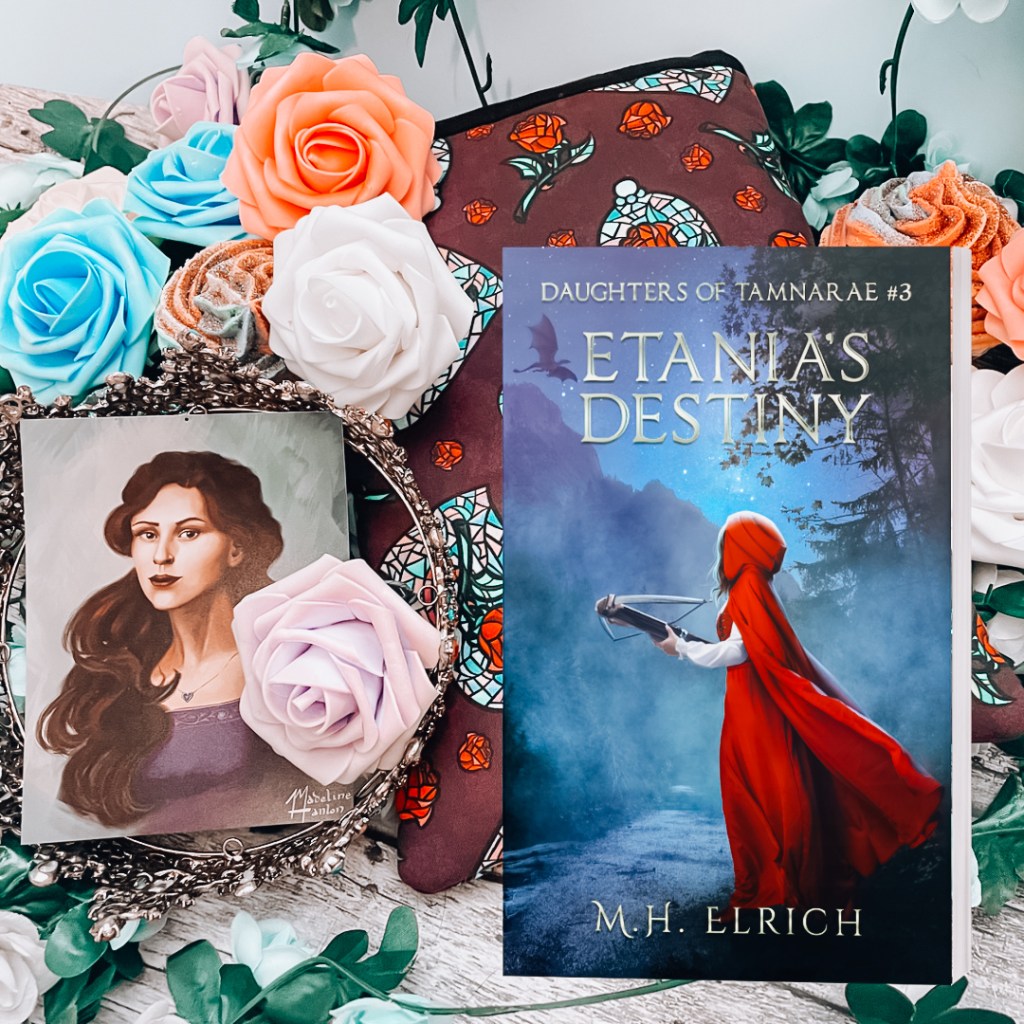 The cover of Etania's Destiny. To the left of book cover is a illustrated portrait of the character Etania with a purple rose and crown around it. More roses are in the background. 