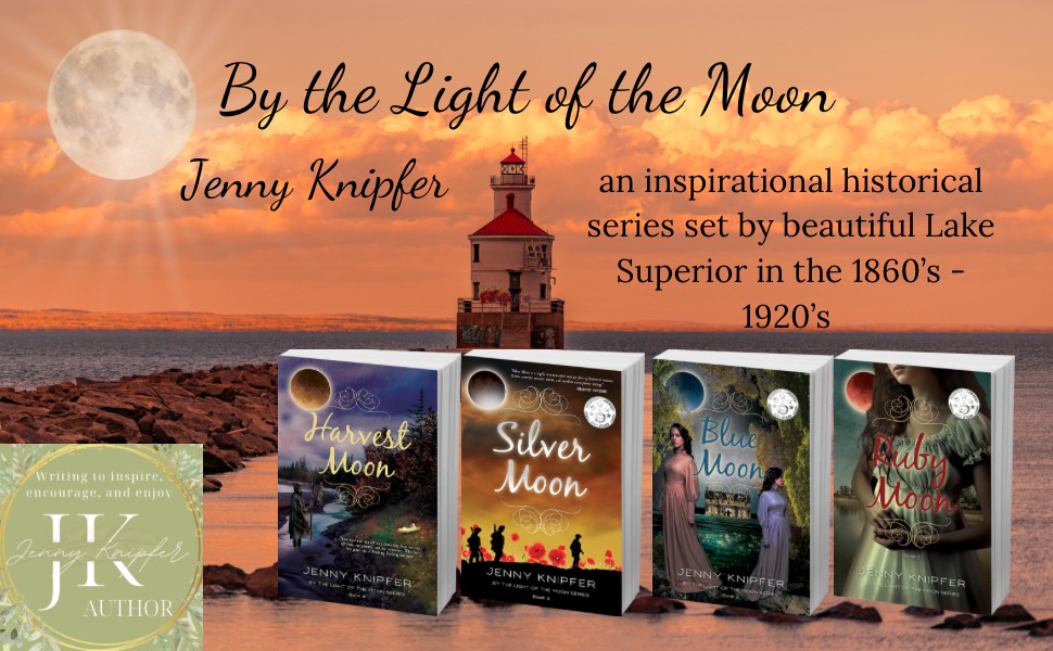 Graphic including a photo of a coastline. A lighthouse and a full moon can be seen. The four books of Jenny Knipfer's By the Light of the Moon and the author's logo are at the front of the graphic. 
