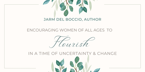 Off-white graphic with text and greenery.