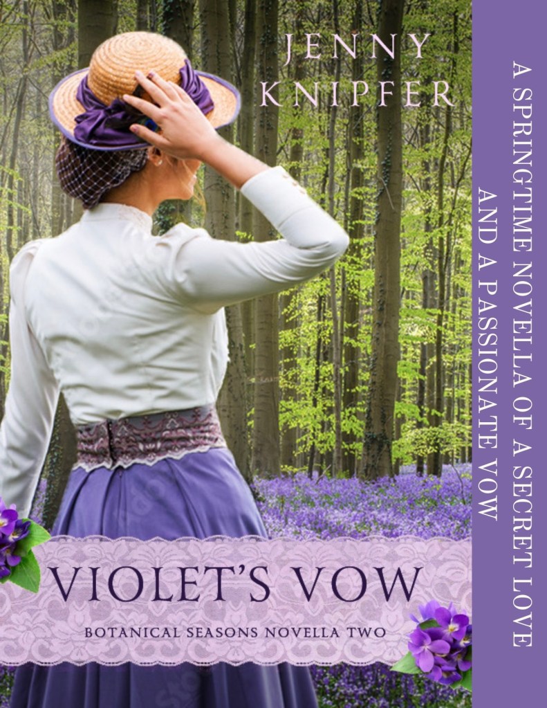 The cover of the novella Violet's Vow. A woman in a white blouse and purple skirt touches her hat while standing outside. Trees and purple flowers are seen behind her.